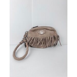 Hugo Boss Orange Taupe Mauve Leather Fringe Wristlet‎ Bag 50197312 Braided Strap